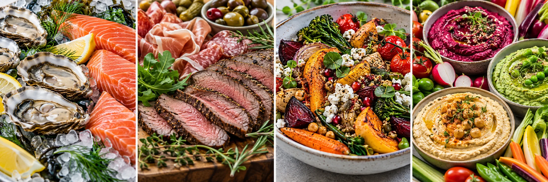 Illustrative selection of seafood, meat, a prepared vegetable dish and dips